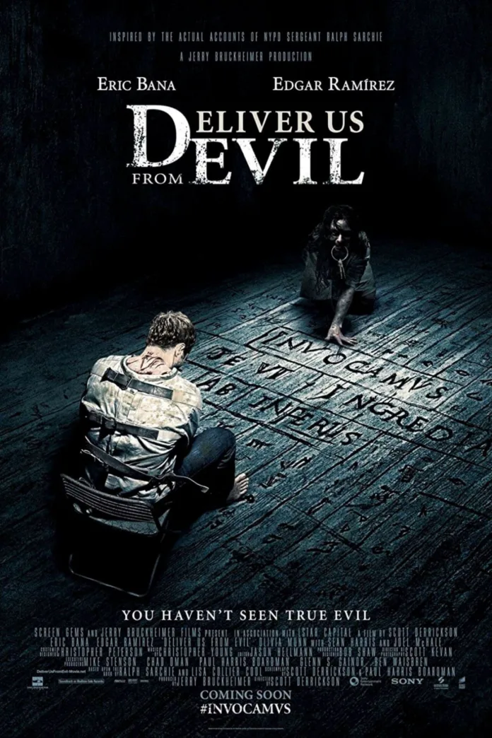 Αφίσα της ταινίας τρόμου «Deliver Us from Evil» (2014) με σκοτεινή ατμόσφαιρα και έντονα στοιχεία υπερφυσικού.