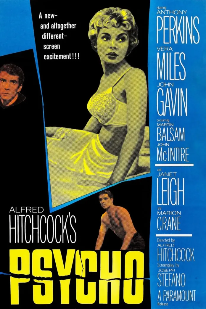 Αφίσα της ταινίας Psycho του Άλφρεντ Χίτσκοκ, 1960. Μαύρο φόντο, πρόσωπα πρωταγωνιστών και τίτλος της ταινίας.