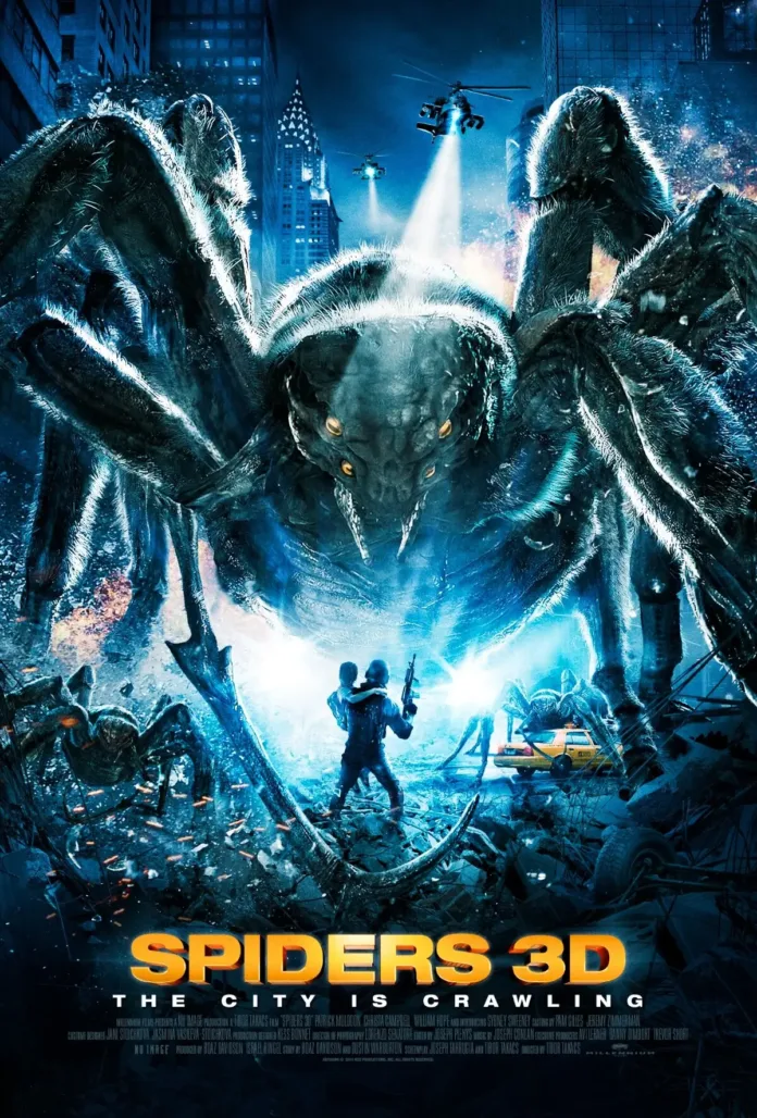 Αφίσα της ταινίας τρόμου Spiders (2013) με γιγάντιες αράχνες.