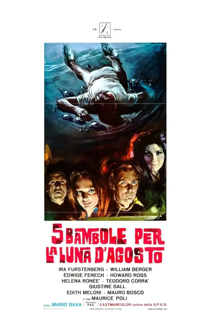 Ταινία Five Dolls for an August Moon – αφίσα με τους πρωταγωνιστές και το μυστηριώδες νησί.