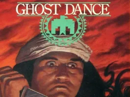 Αφίσα της ταινίας Ghost Dance με ένα άτομο που κρατά ένα μαχαίρι που αντανακλά στοιχειωμένα μάτια και το σλόγκαν "Όταν ενοχλείς τους νεκρούς, πρέπει να πληρώσεις το τίμημα."